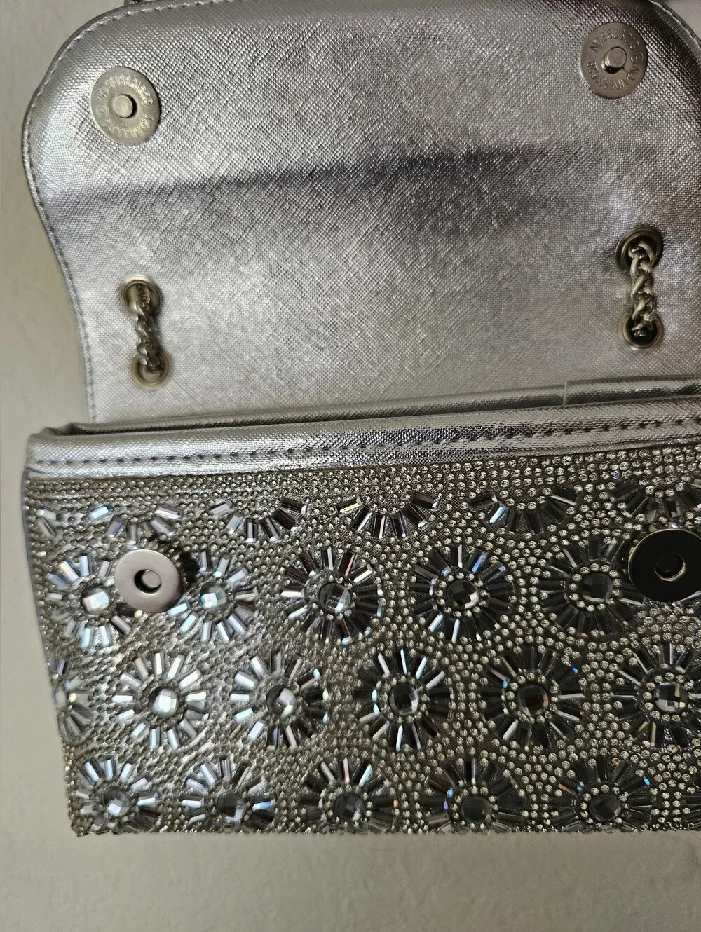 Rhinestone Embellished Silver Evening Clutch with Chain